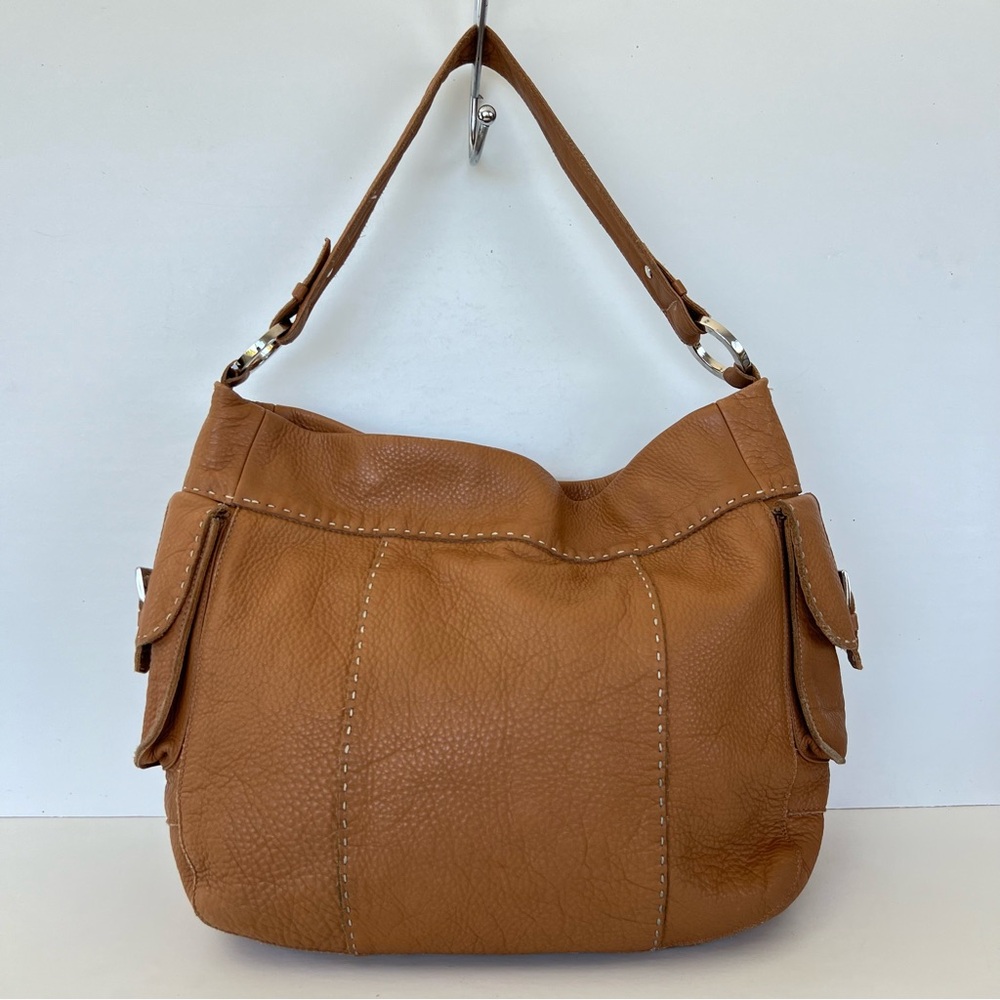 CARLA MANCINI Tan Pebble Leather White Stitching Side Pockets Large Shoulder Bag - Picture 2 of 13